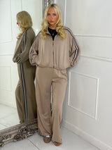 Stripe Detail Zip Up Bomber Tracksuit - Beige