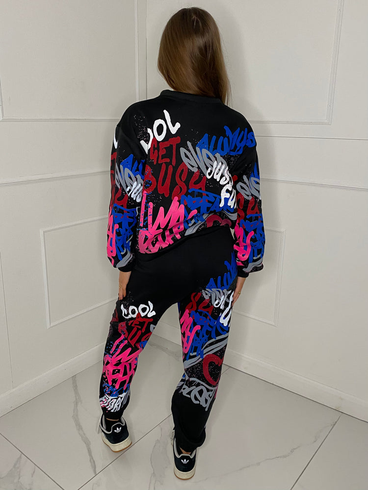 Graffiti Print Tracksuit - Black