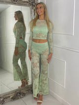 Lace Fitted Long Sleeve Top & Built In Knicker Lace Flares Co-Ord - Sage Green