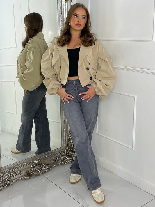 Crop Balloon Sleeve Trench Jacket - Beige