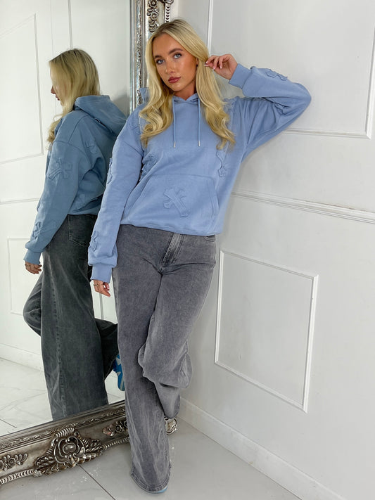 Embroidered Cross Hoodie - Baby Blue