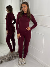 Round Neck Long Sleeve Second Skin Top & Sculpt Panel Leggings - Wine