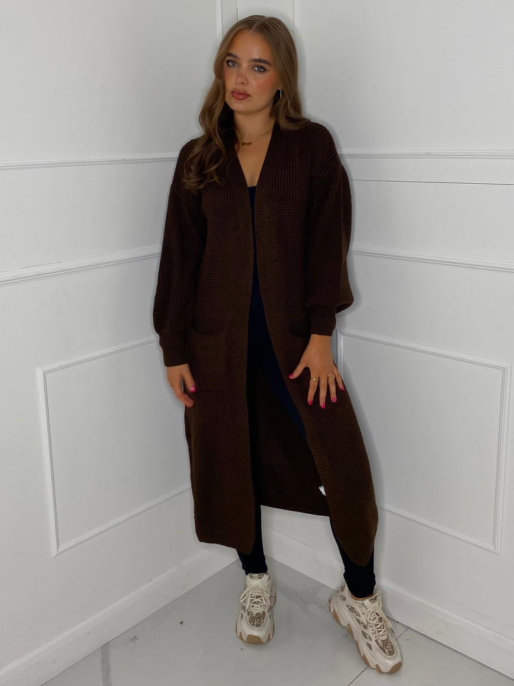 Balloon Sleeve Long Knitted Cardigan - Brown