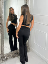 Slinky Foldover Flares and Cut Out Crop Top Co ord - Black