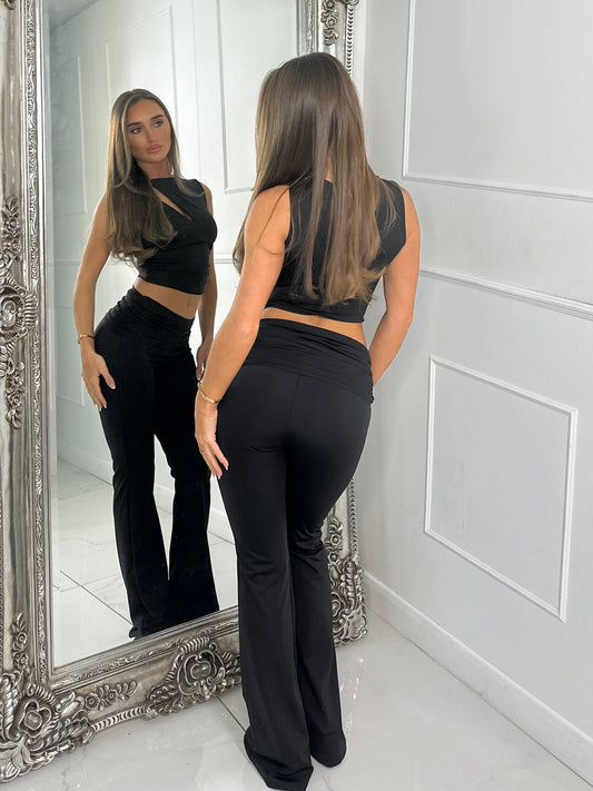 Slinky Foldover Flares and Cut Out Crop Top Co ord - Black