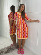 Multi Coloured Collar Detail Crochet Dress - Orange/Pink/Red