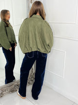 Suede Collared Oversized Bomber Jacket - Khaki