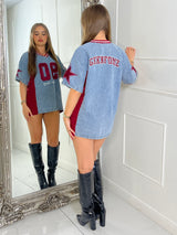 Varsity Oversized Denim Contrast T-shirt - Blue/Wine