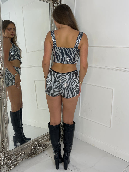 Super Shine Sequin Square Neck Top & Low Waisted Shorts Co-ord - Zebra Print