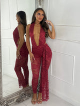 Lucia Lace Halter Jumpsuit - Wine