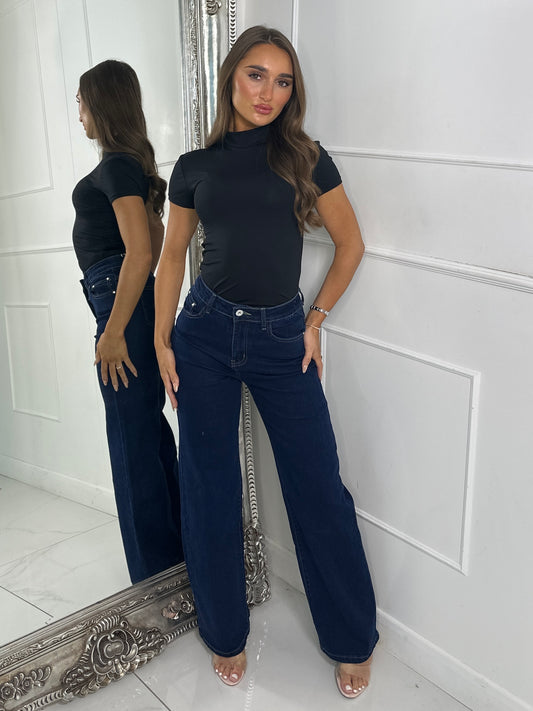 Gold Button Straight Leg Jeans - Denim Blue