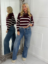 1/4 Zip Striped Jumper - Wine / Cream