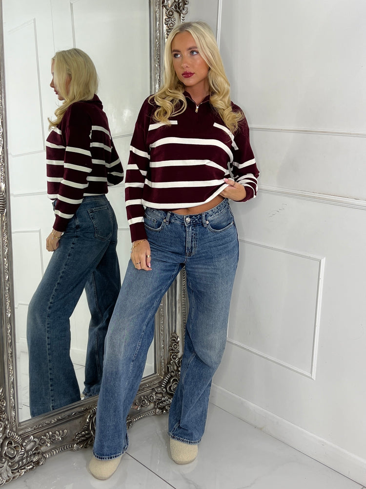 1/4 Zip Striped Jumper - Wine / Cream
