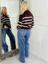 1/4 Zip Striped Jumper - Brown / Cream