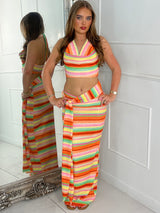 Cowl Neck Knitted Crochet Top & Tie Midi Skirt - Orange Multi