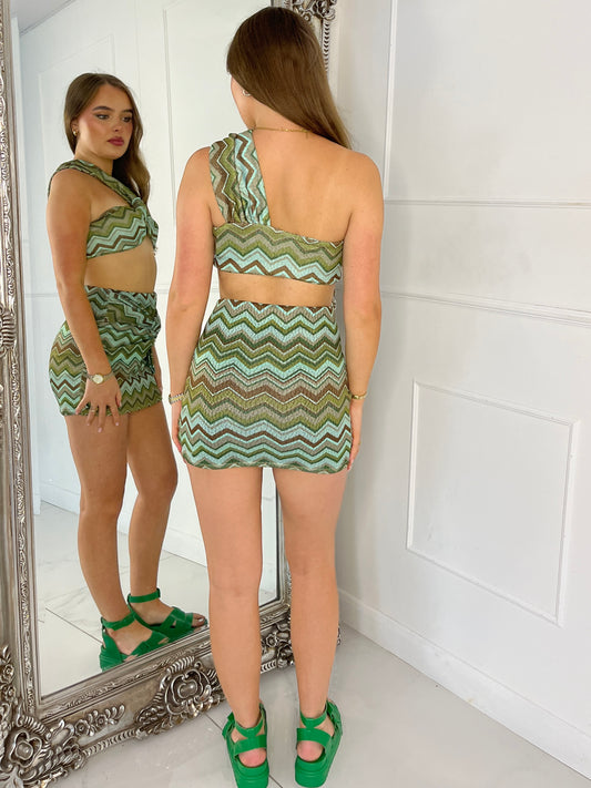 Crochet Knot Detail Top & Knot Skirt Co-Ord - Green Crochet