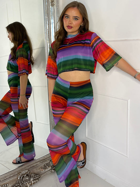 Mesh Cropped T-Shirt and Flares Co-Ord - Multi Stripe