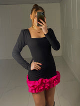 Frill Detail Square Neck Dress - Pink/Black