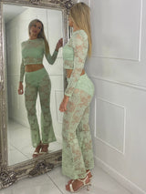 Lace Fitted Long Sleeve Top & Built In Knicker Lace Flares Co-Ord - Sage Green