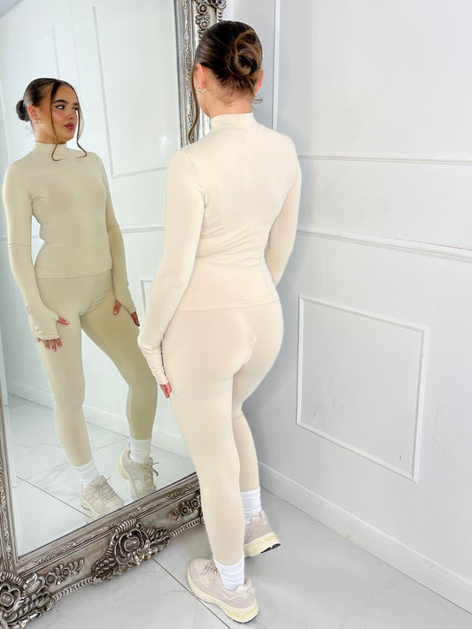 Long Sleeve Second Skin Panel Detail Yoga Top and Leggings Co-Ord - Beige