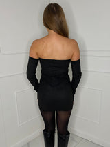 Strapless Dress with Detached Sleeves  - Black Suede