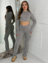 Corset detail hooded top & Ruche Back pocket Joggers Set - Dove Grey