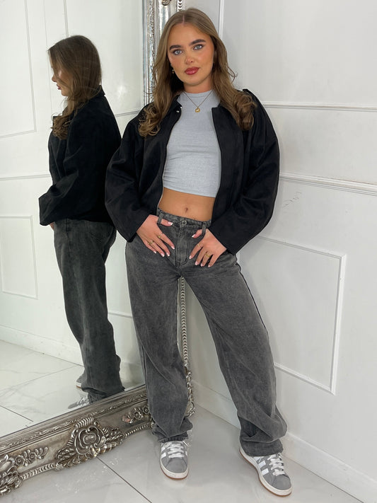 Suede Collared Oversized Bomber Jacket - Black