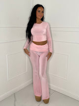 Slinky Fold Over Flared Co-ord - Baby Pink
