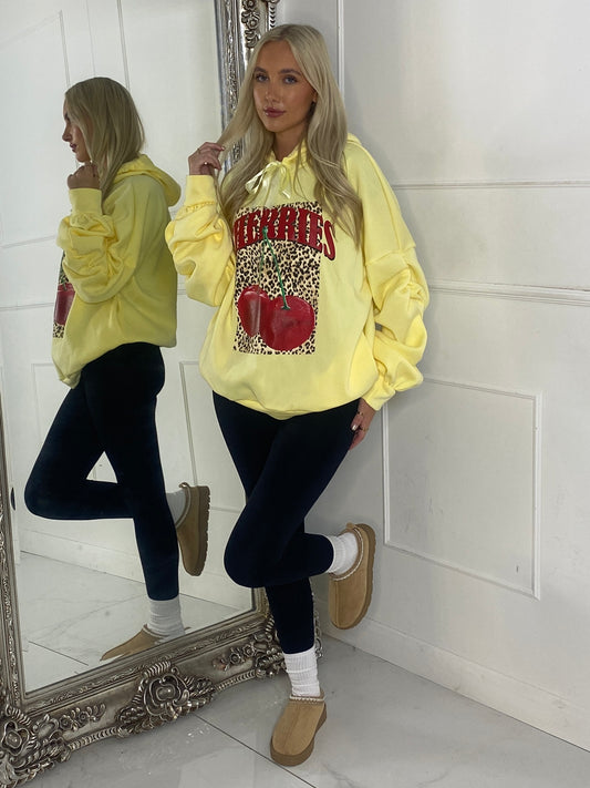 Leopard Box Cherries Print Ruche Sleeve Hoodie - Yellow