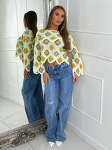 Crochet contrast patterned top - Beige/Orange&Green