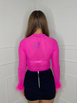 Mesh Feather Detail Top - Cerise