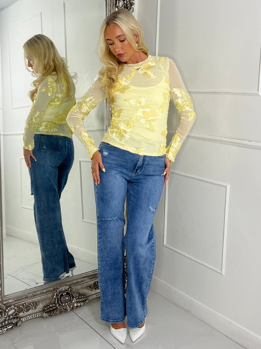 3D Flower Textured Mesh Long Sleeve Top - Yellow