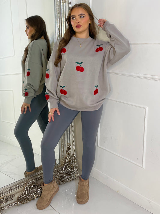 Embroidered Cherry Sweatshirt - Grey