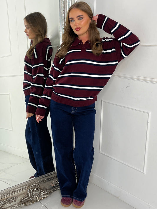 Stripe Detail Knitted Long Sleeve Jumper - Wine/Navy