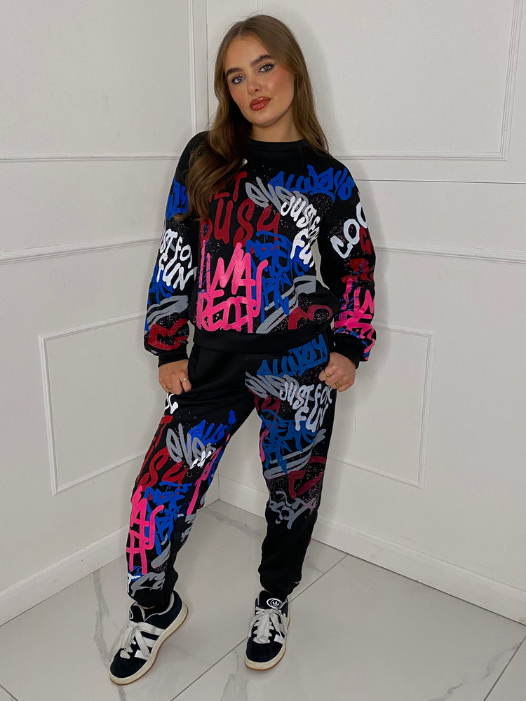 Graffiti Print Tracksuit - Black