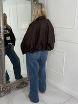 Suede Collared Oversized Bomber Jacket - Brown