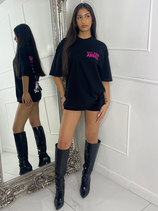 Ribbed Collar Oversized T-Shirt - Black Not Your Angel Print