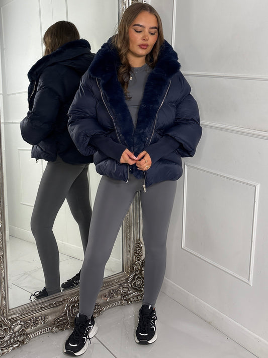 Hooded Puffer Coat With Faux Fur Trim - Navy Blue