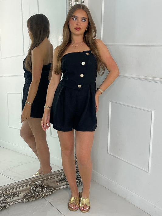 Fold Over Gold Button Playsuit - Black