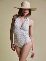 Zig Zag Detail Low Cut Swimsuit- White/Beige