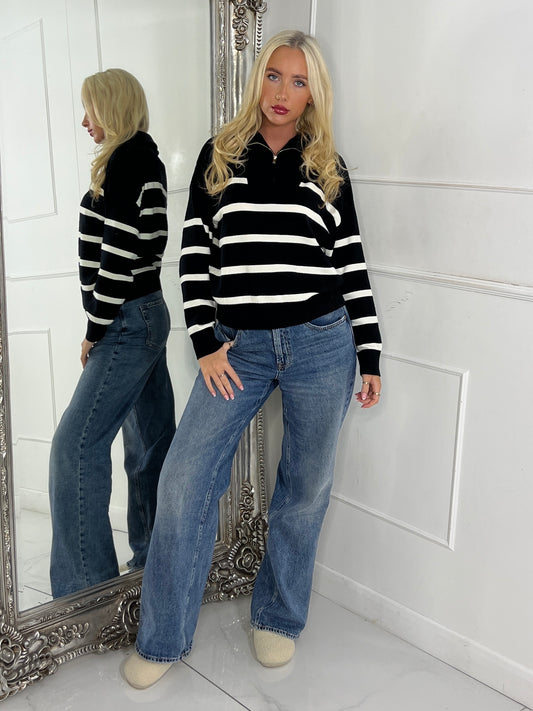 1/4 Zip Striped Jumper - Black / Cream
