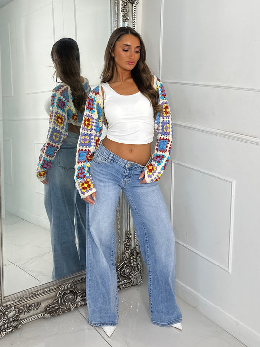 Extreme Cropped Long Sleeve Crochet Cardigan - Beige/Baby Blue Multi