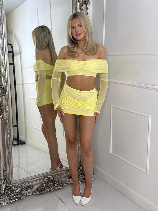 Mesh Contrast Off Shoulder Criss Cross Top & Knot Detail Mini Skirt - Yellow