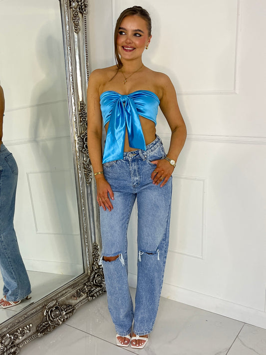 Stretch Satin Zip Up Bow Top - Baby Blue