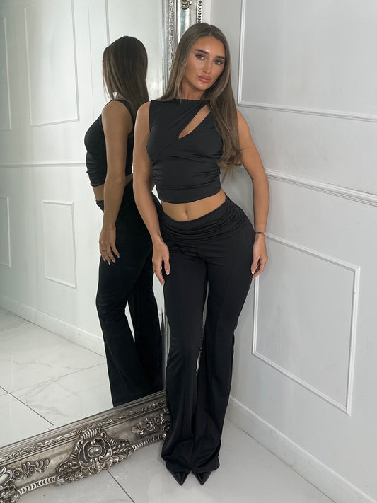 Slinky Foldover Flares and Cut Out Crop Top Co ord - Black