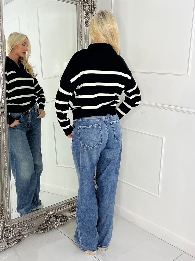 1/4 Zip Striped Jumper - Black / Cream