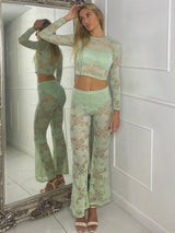 Lace Fitted Long Sleeve Top & Built In Knicker Lace Flares Co-Ord - Sage Green
