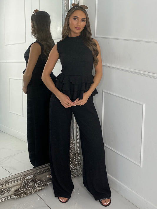 Cheesecloth Ruffle Top & Straight Leg Pants Co-Ord - Black
