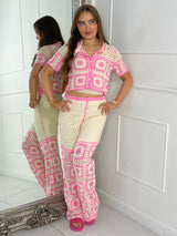 Patterned Crochet Skirt & Flared Pants Co ord - Beige / Pink