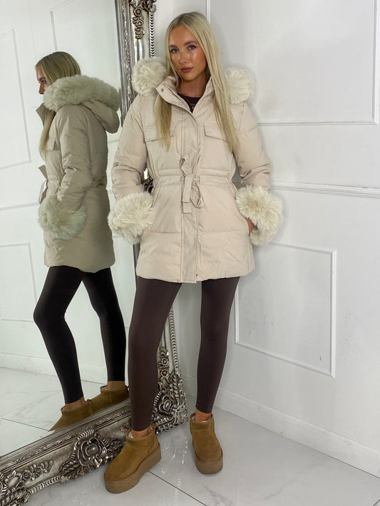 Fur hood trim Detail Longline Jacket - Beige